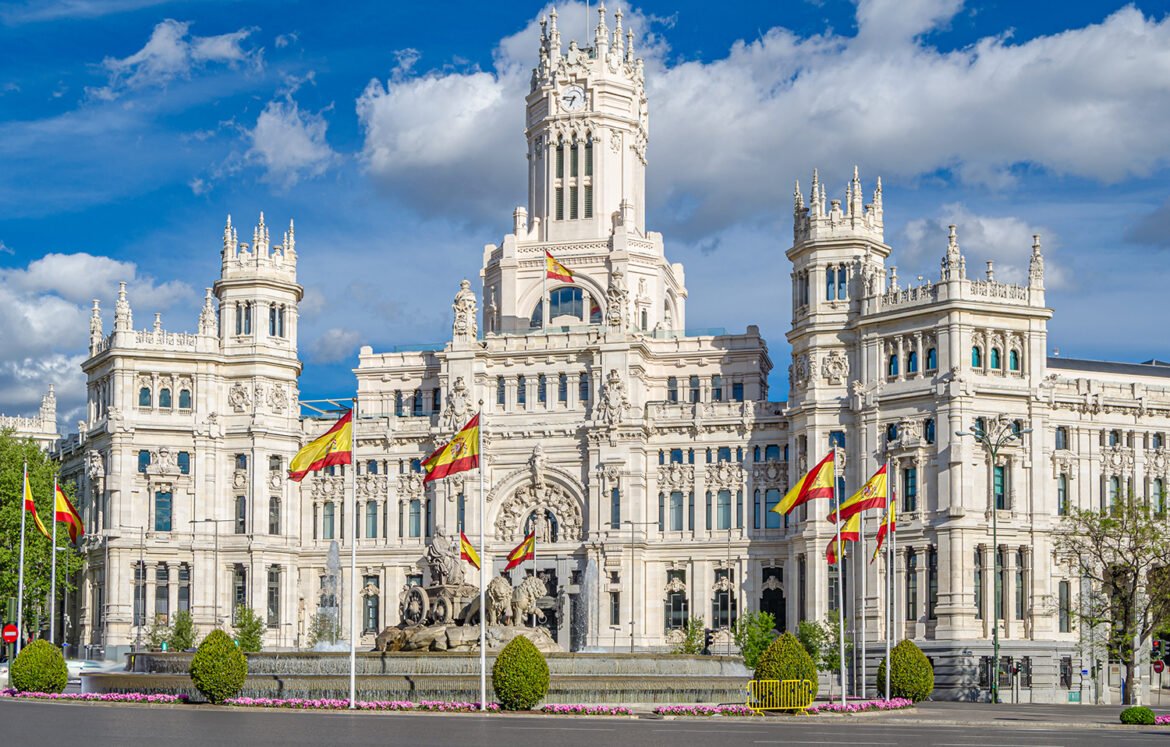 View of the iconic Palacio de Cibeles (Cybele Palace), in Madrid, Spain, currently serving as the Madrid city hall