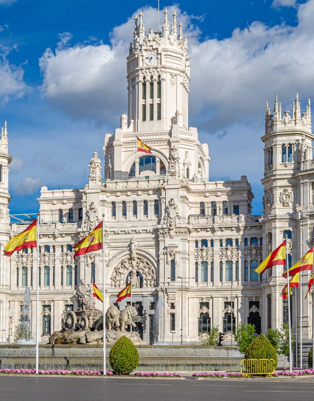 View of the iconic Palacio de Cibeles (Cybele Palace), in Madrid, Spain, currently serving as the Madrid city hall