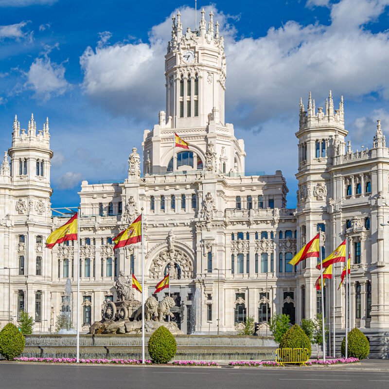 View of the iconic Palacio de Cibeles (Cybele Palace), in Madrid, Spain, currently serving as the Madrid city hall
