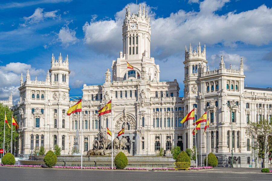 View of the iconic Palacio de Cibeles (Cybele Palace), in Madrid, Spain, currently serving as the Madrid city hall
